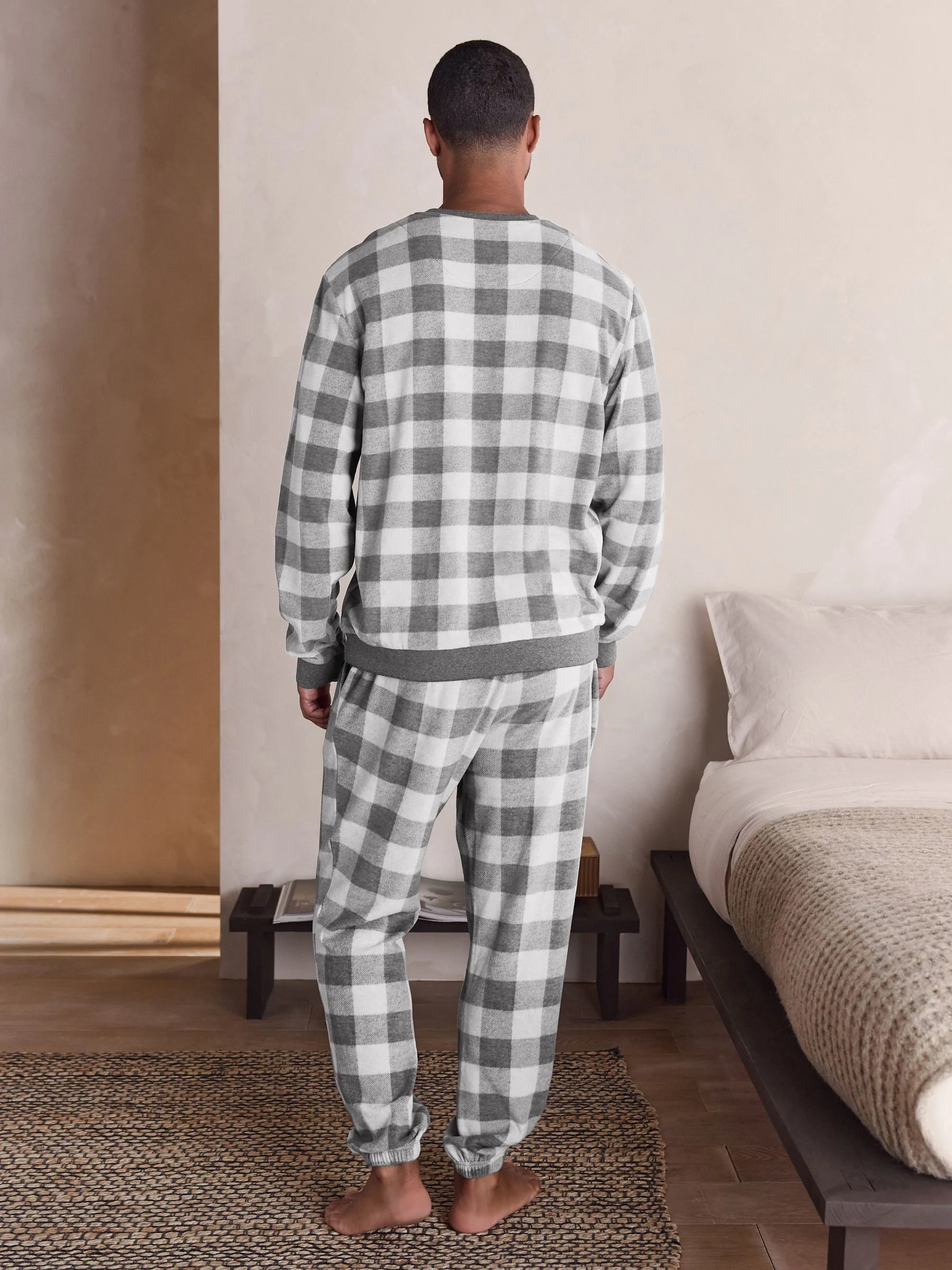Grijs - Check Fleece Cuffed Bottom Jersey Pyjamas Set