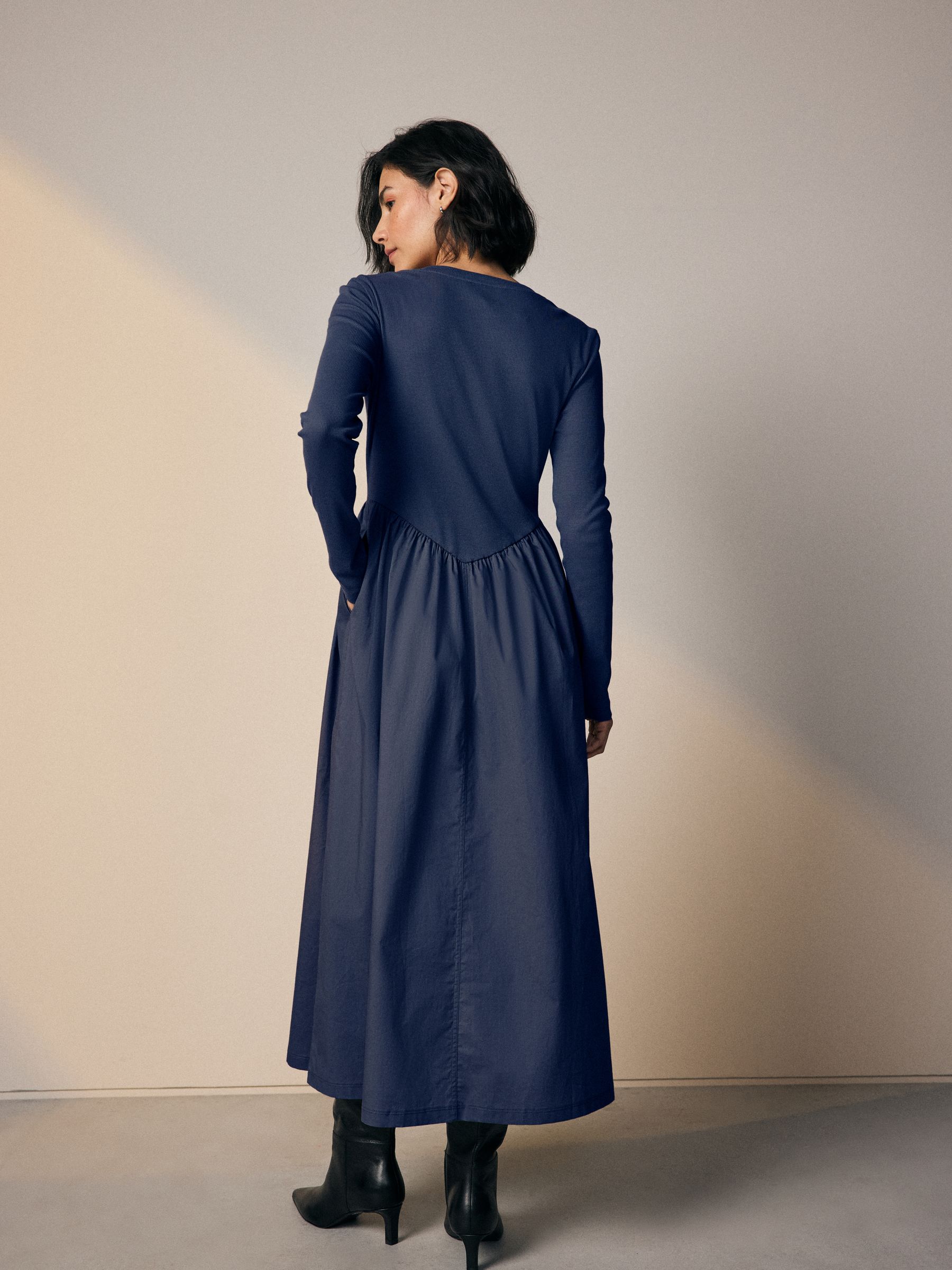 Donkerblauw - Jersey midi-jurk met geweven mix en taille