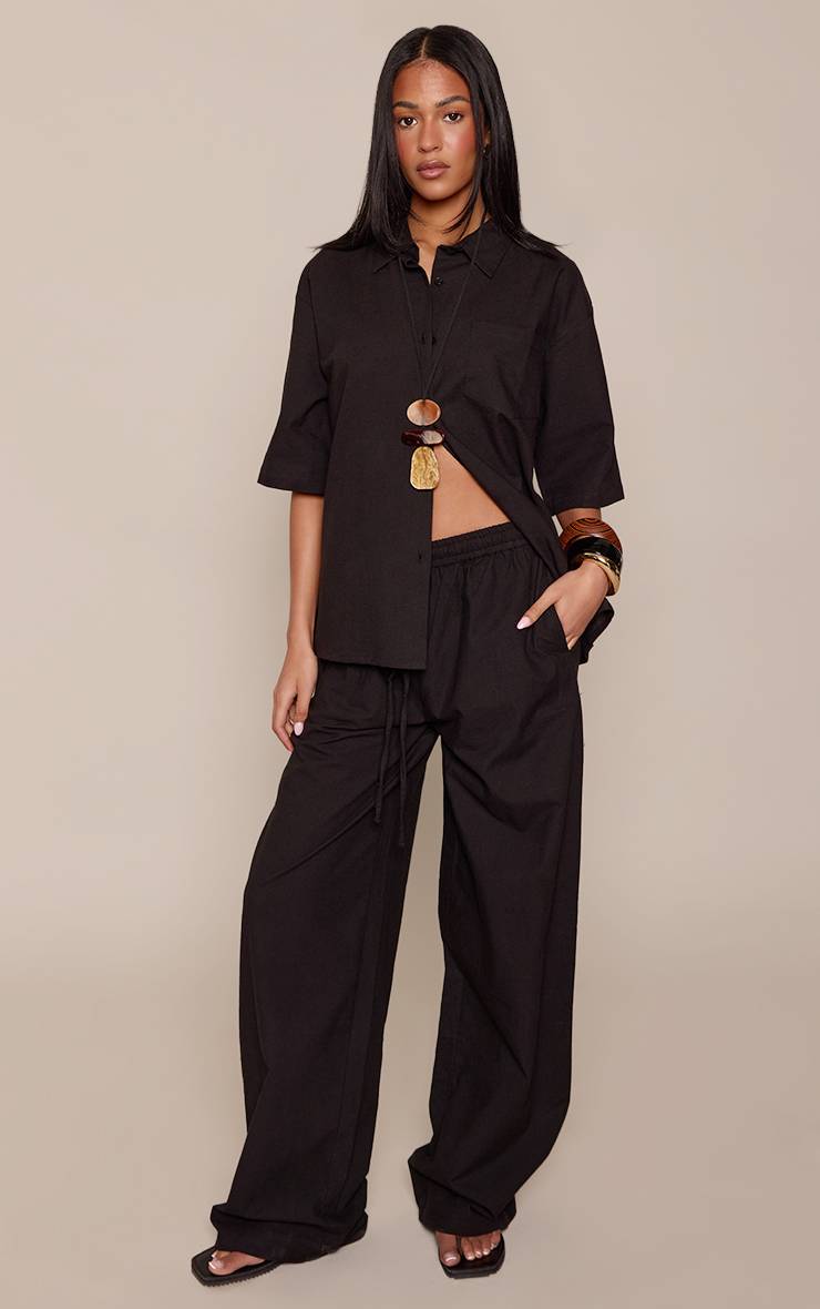 Noir Pantalon Large Taille Haute En Lin Aspect Coordonné