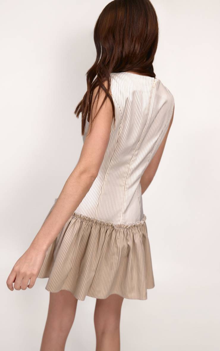 Crème Robe Droite À Col Bateau Et Rayures Contrastées