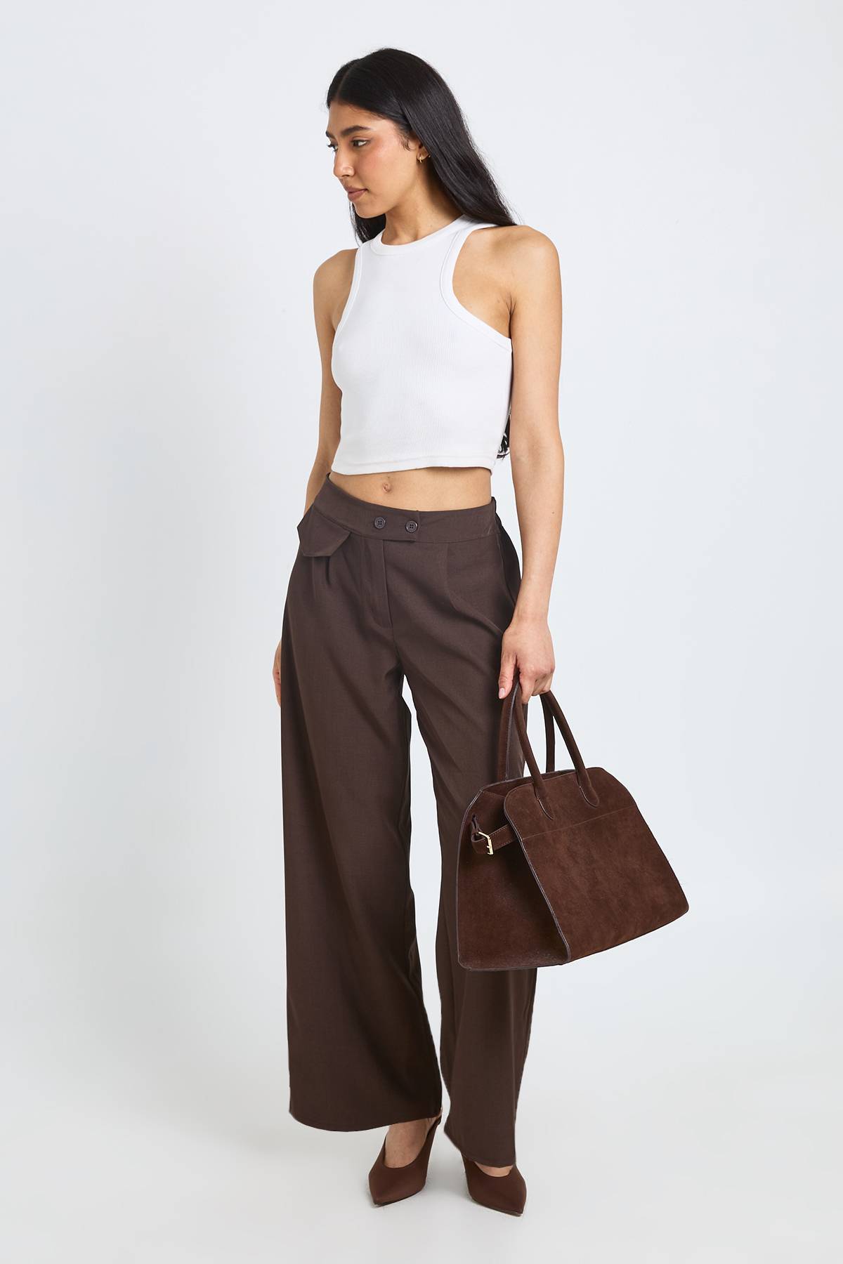 boohoo Pantalon Large Taille Haute Avec Détail De Poches Tissées