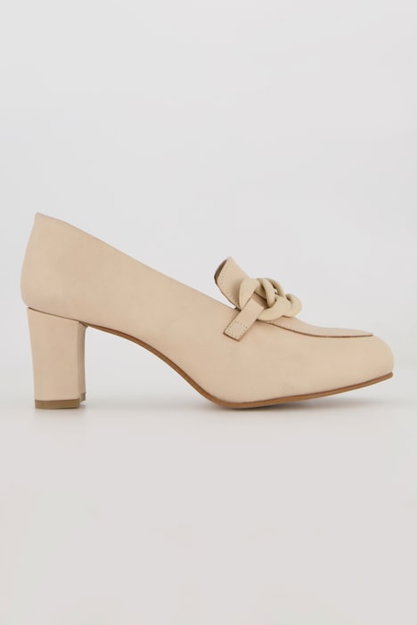Leder-Pumps, Kette, Blockabsatz