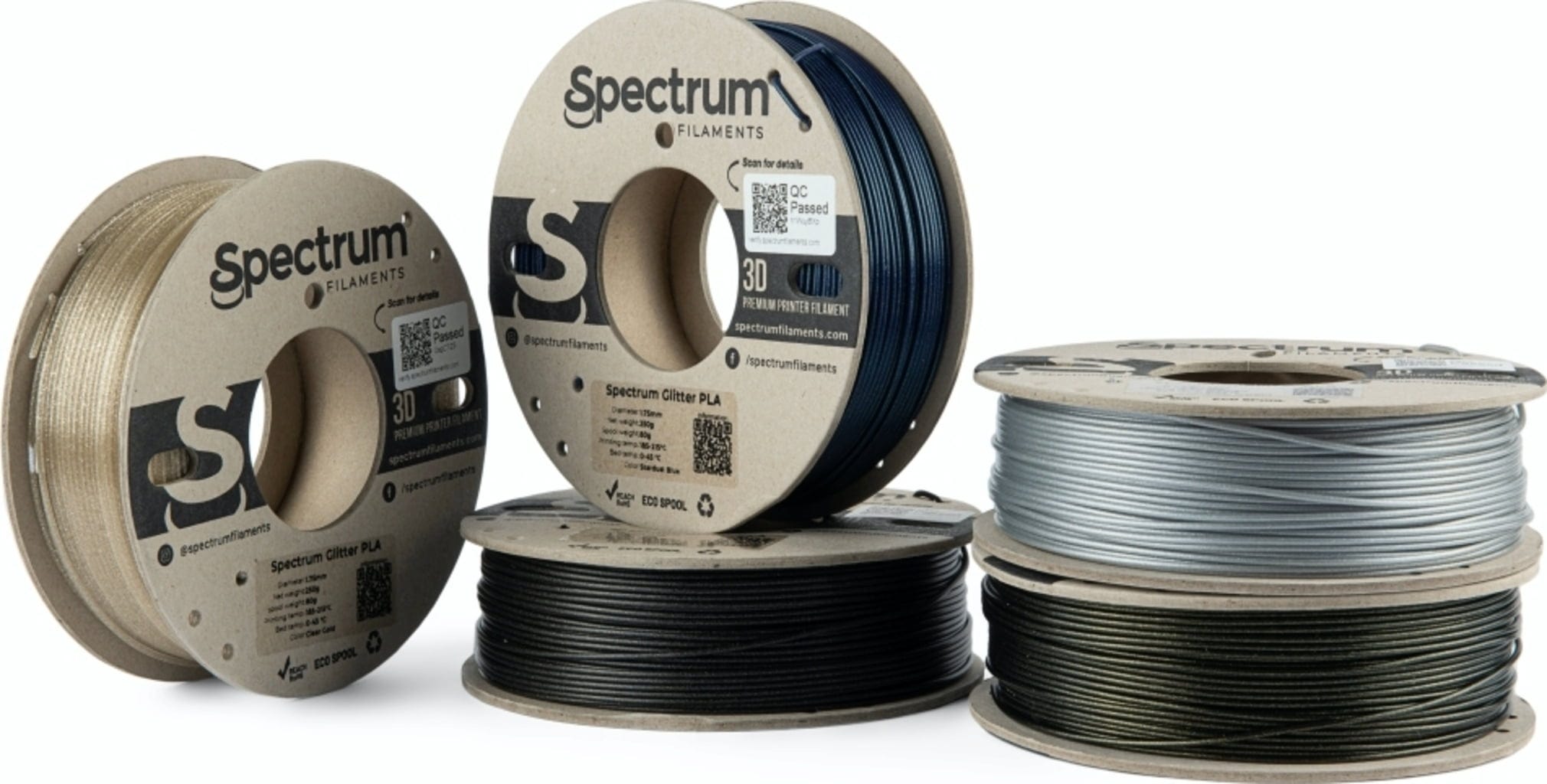 Spectrum  5er-Set PLA Glitter, 1,75 mm (1.250 g)    Filamente auf ökologischen Pappspulen