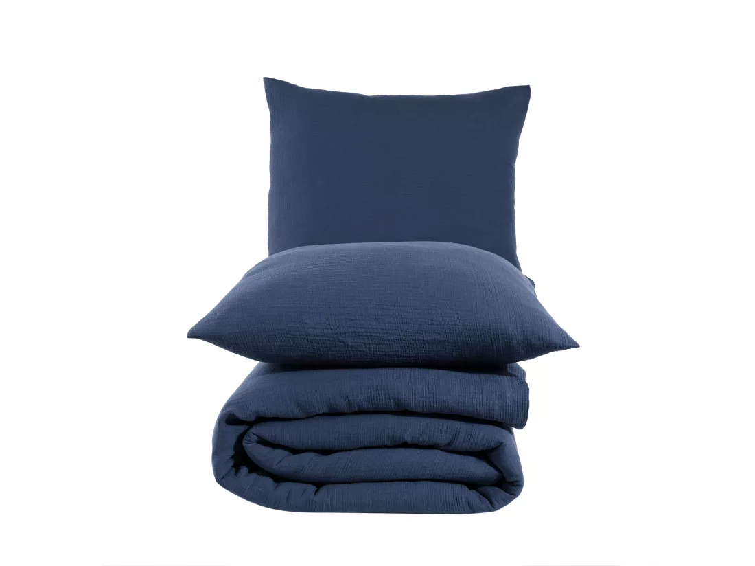 Parure housse de couette et taies d'oreiller gaze de coton marine