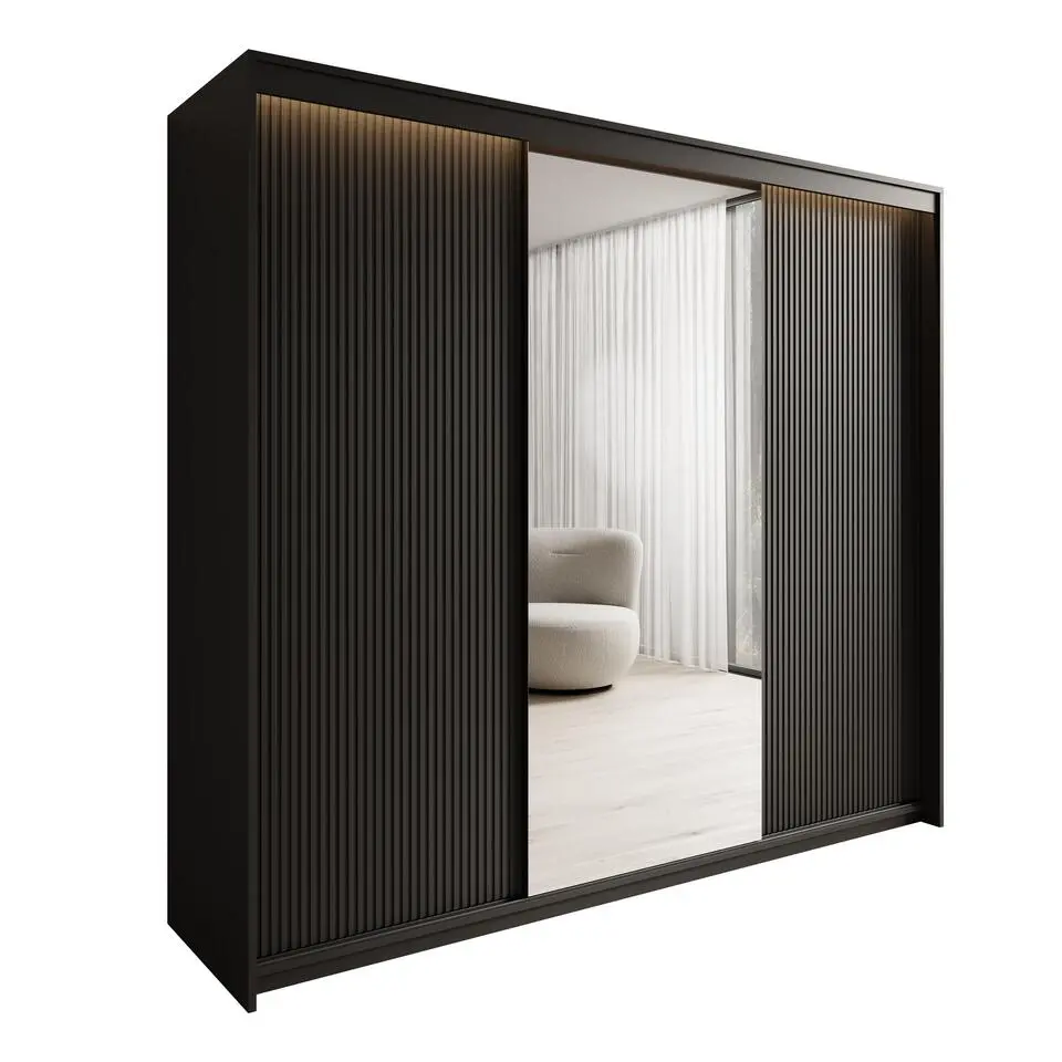Meubella - Kledingkast Timoteo - Zwart - 250 cm - Met spiegel