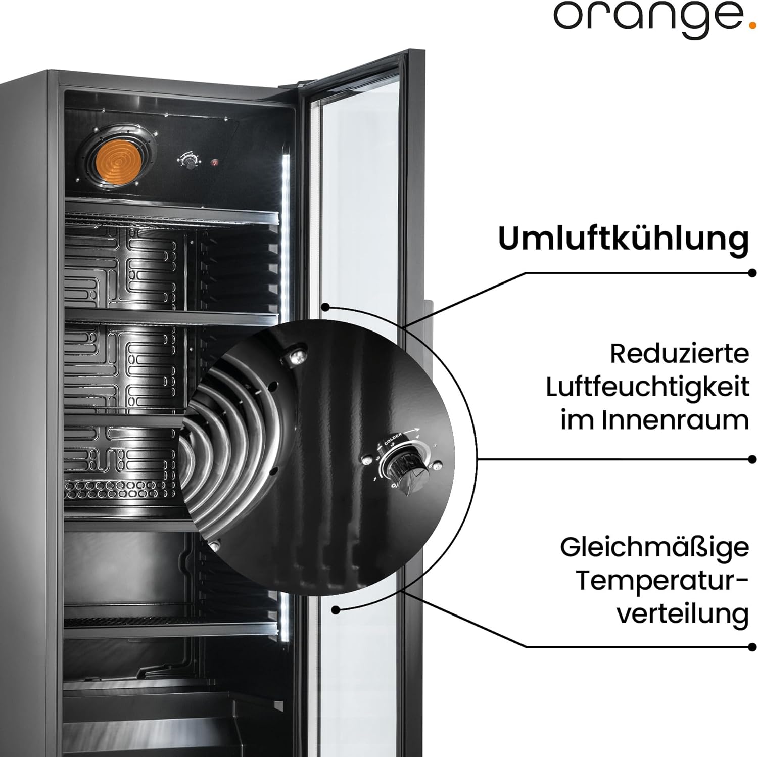 orange . Getränkekühlschrank 230L schwarz mit Glastür, abschließbar, LED-Beleuchtung, 4 Roste, 0-10°C, Gastro Flaschenkühlschrank 530x635x1442mm