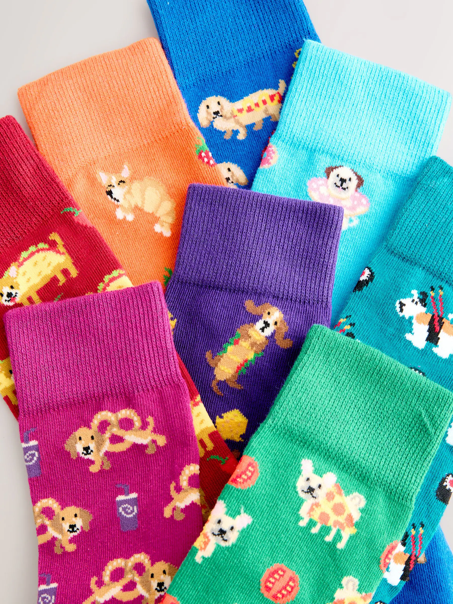 Blauw/groen/rood novelty hond - Set van 8 sokken met patroon