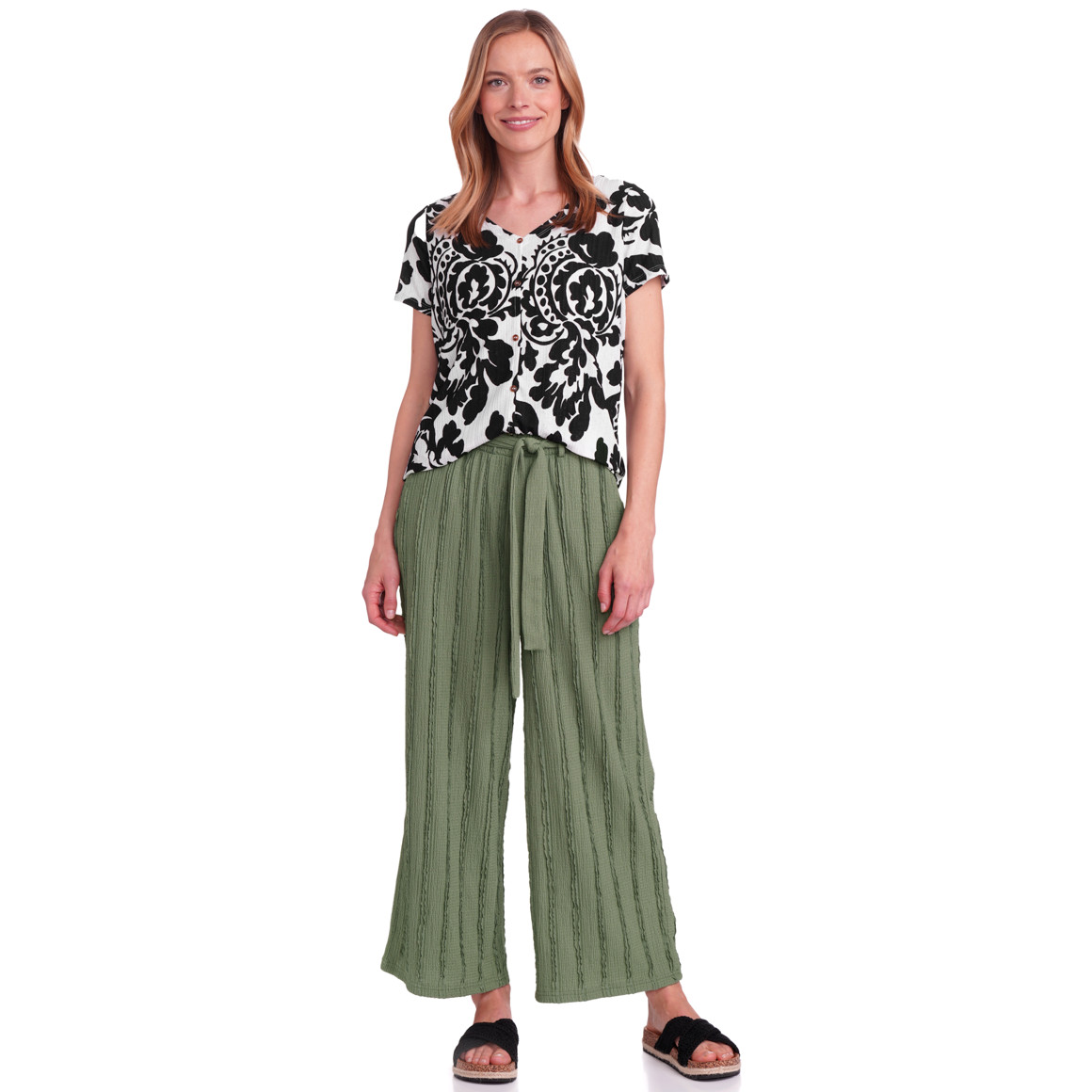 Damen T-Shirt mit floralem Muster schwarz / weiss