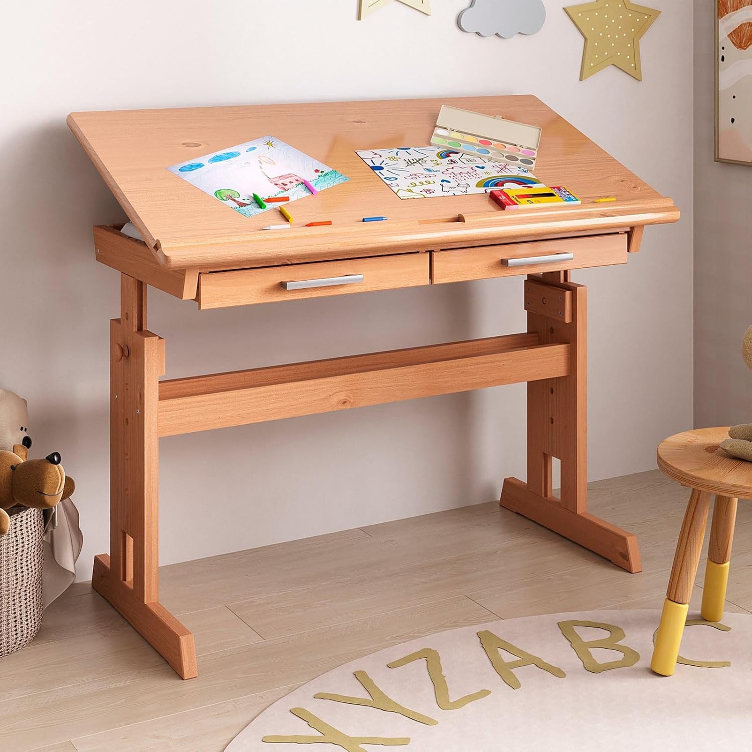 IDIMEX Kinderschreibtisch Olivia aus Kiefer - schöner Schülerschreibtisch neigungs- und höhenverstellbar, praktischer Jugendschreibtisch mit Schubladen