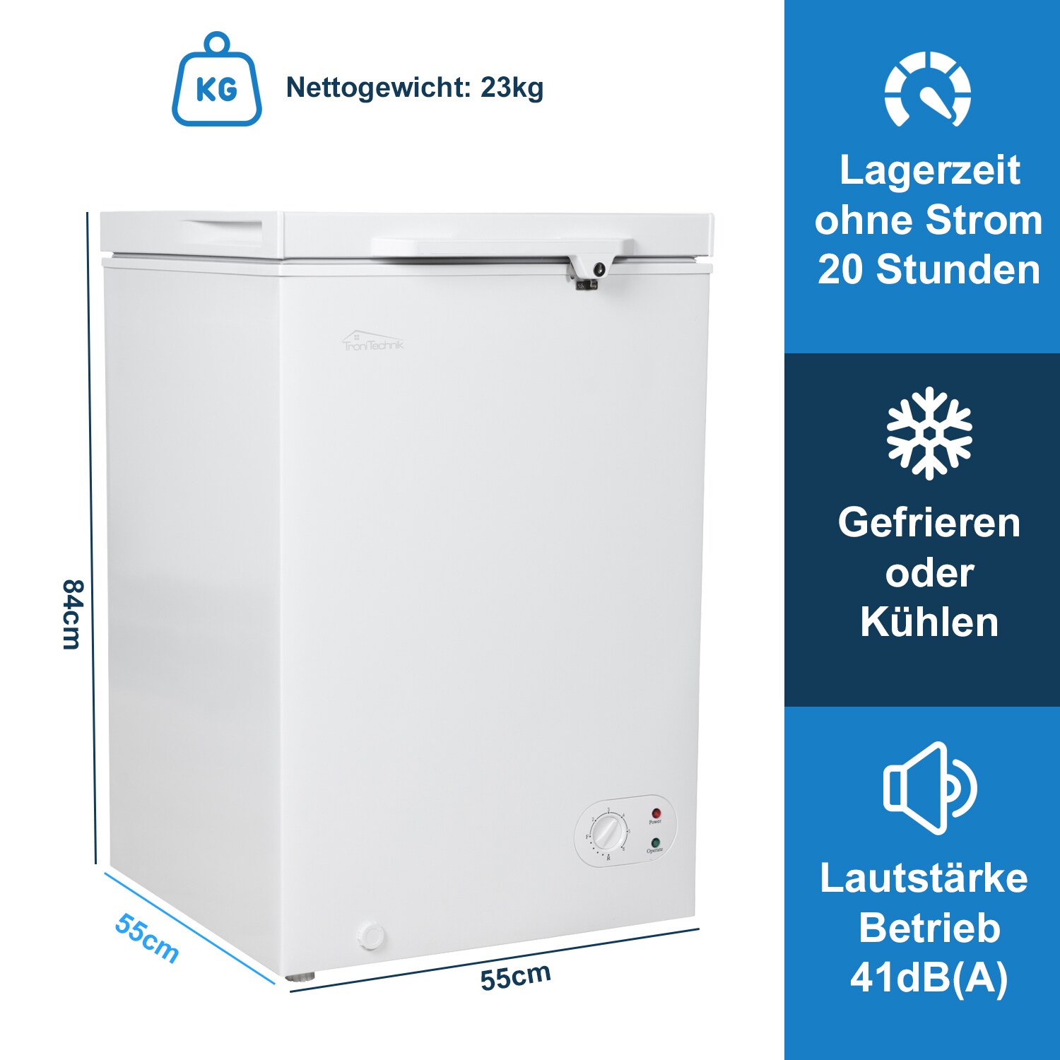TroniTechnik® Gefriertruhe Kühltruhe BORGAR PRO mit 2in1 Gefrier- und Kühlfunktion | 110 Liter, 169kwh/Jahr | LED-Licht