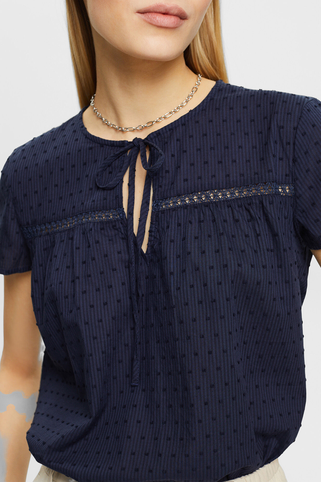 Blusa folgada de algodão com amarração - Azul marinho