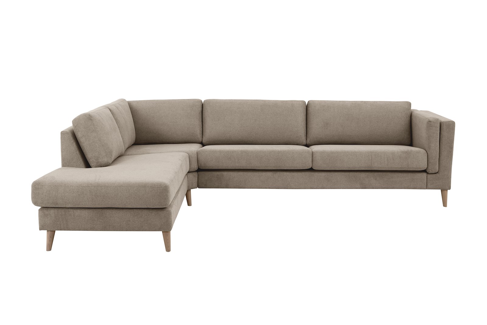 Edda hjørnesofa 3 seter med åpen ende venstre. Tekstil Brooklyn 9 Cappuccino ben 8, armlen G.