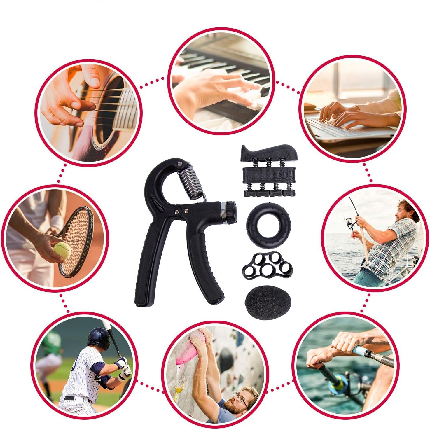 (5-tlg. Set) Handmuskeltrainer Gripster Kit mit Finger Trainingsband / Silikon Griffring / Griffball - Schwarz