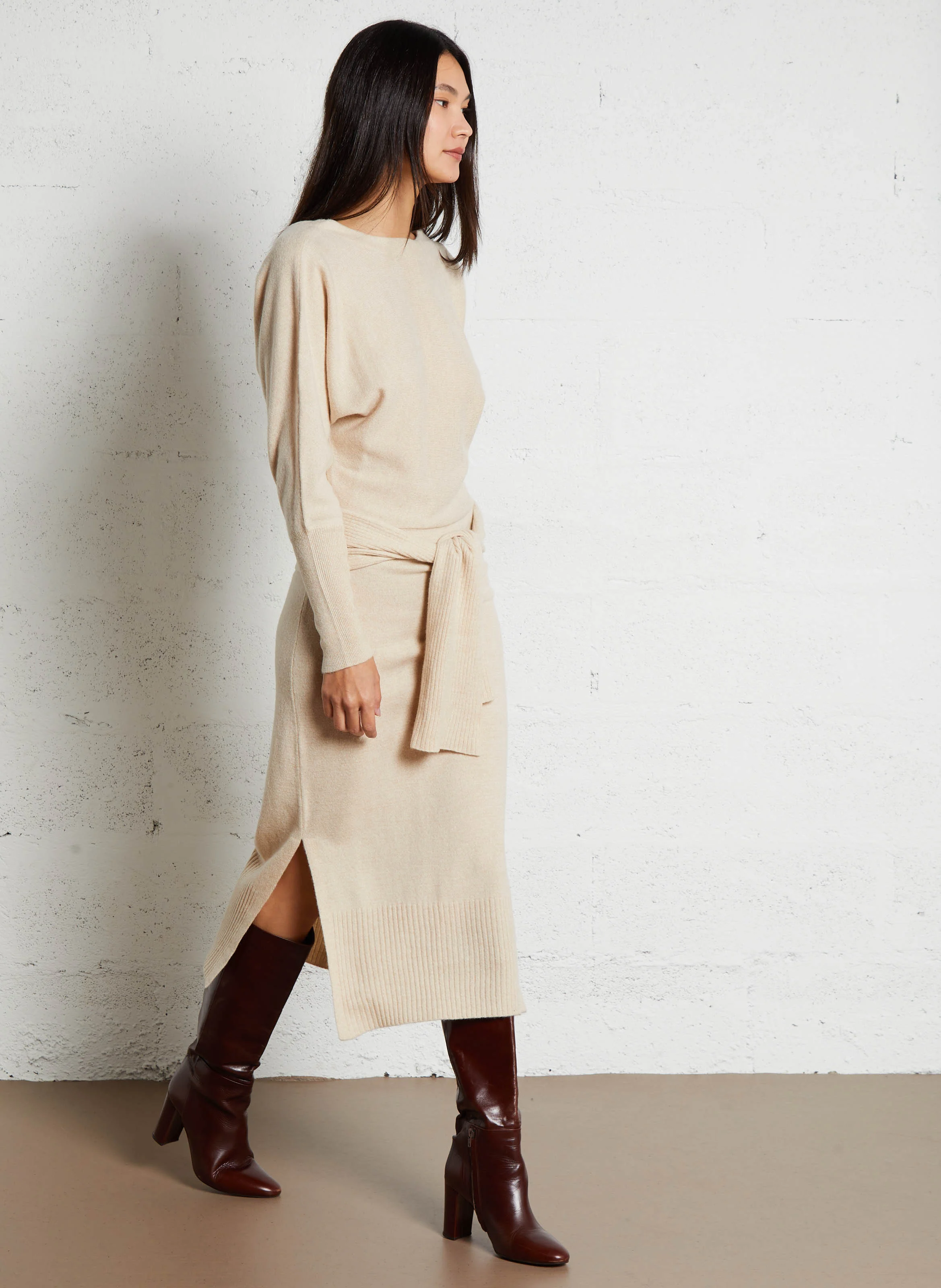 MUCCIA - Robe longue en maille| Beige