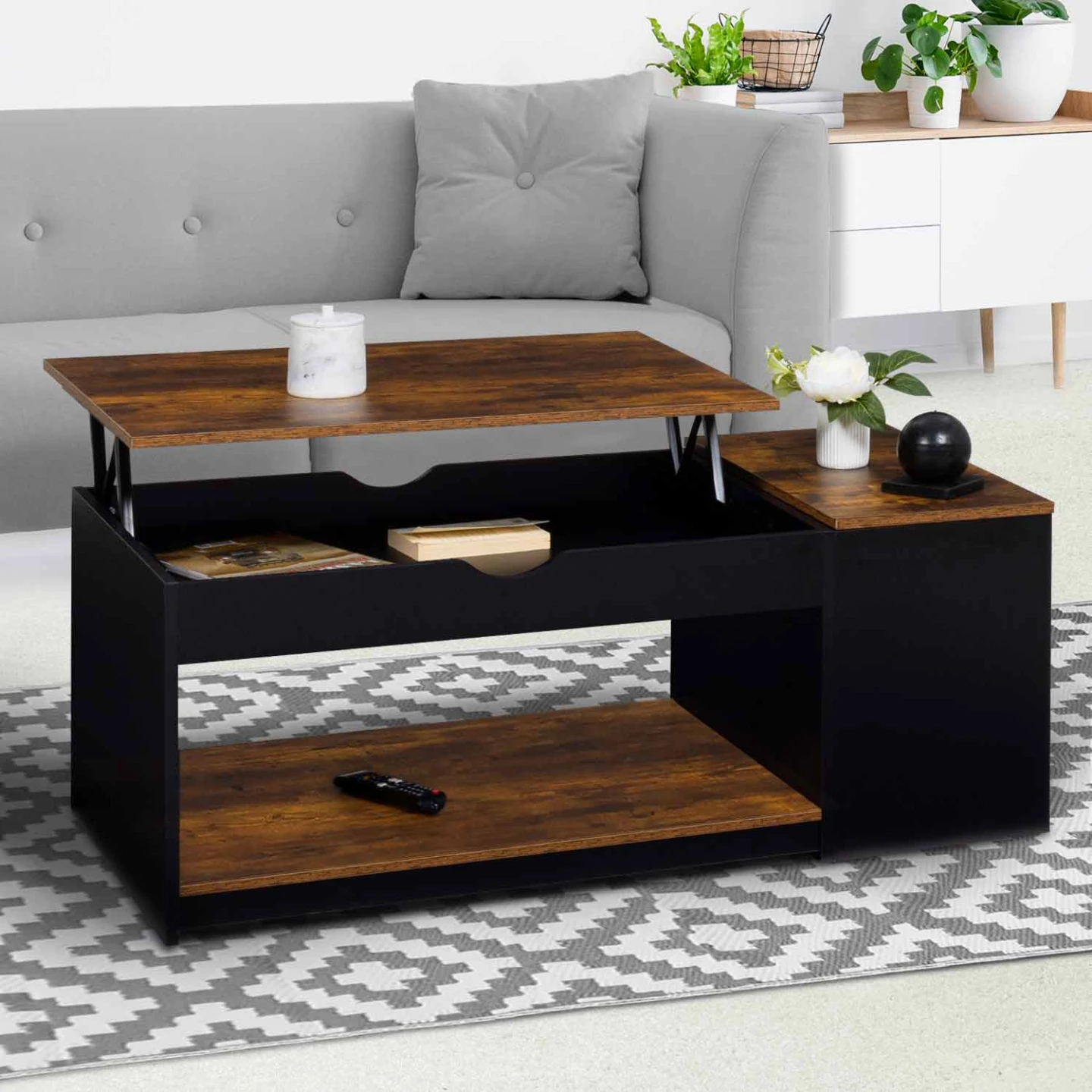Table basse plateau relevable rectangulaire ELEA avec coffre bois effet vieilli et noir