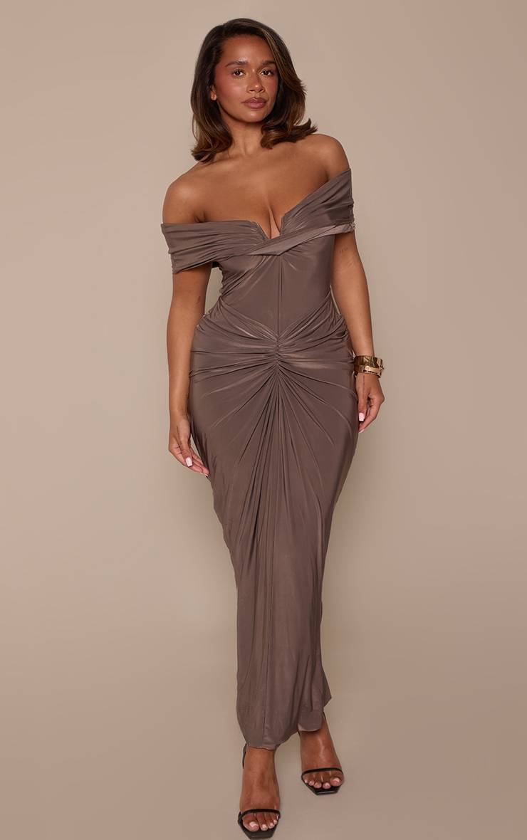 Taupe Robe Maxi Froncée À Encolure En V Shape