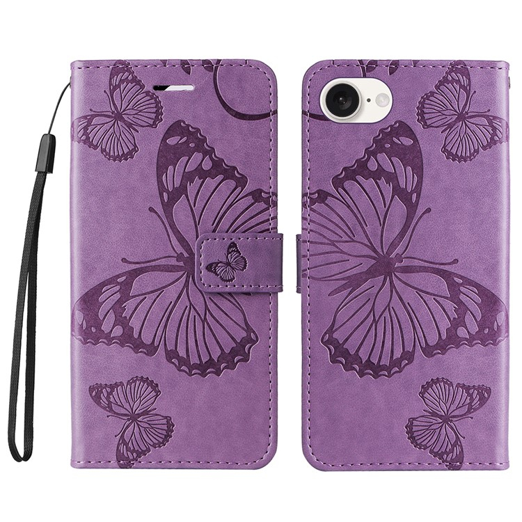 iPhone 16e Leder Tasche mit Kartenfach   Handschlaufe Schmetterling - Lila