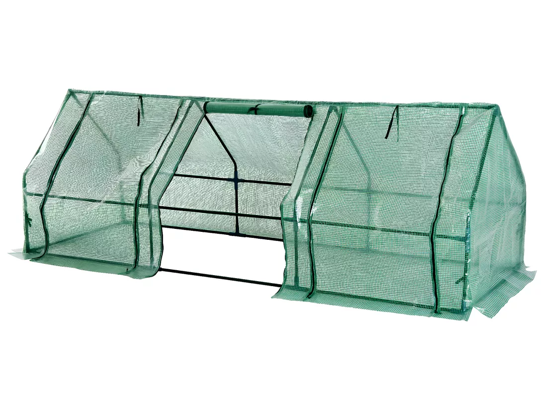 Mini serre de jardin 270L x 90l x 90H cm acier PE haute densité 140 g/m² anti-UV 3 fenêtres avec zip enroulables vert