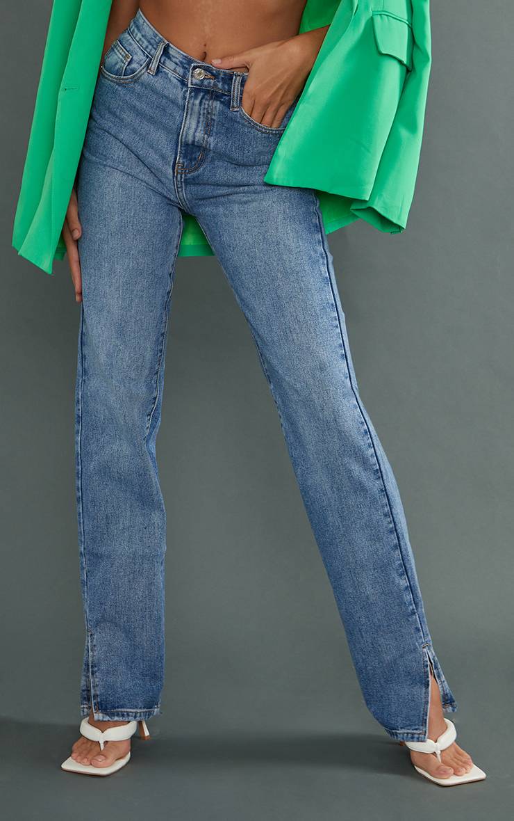 Bleu Jean Taille Haute Délavage Vintage Ourlet Fendu Coupe Longue