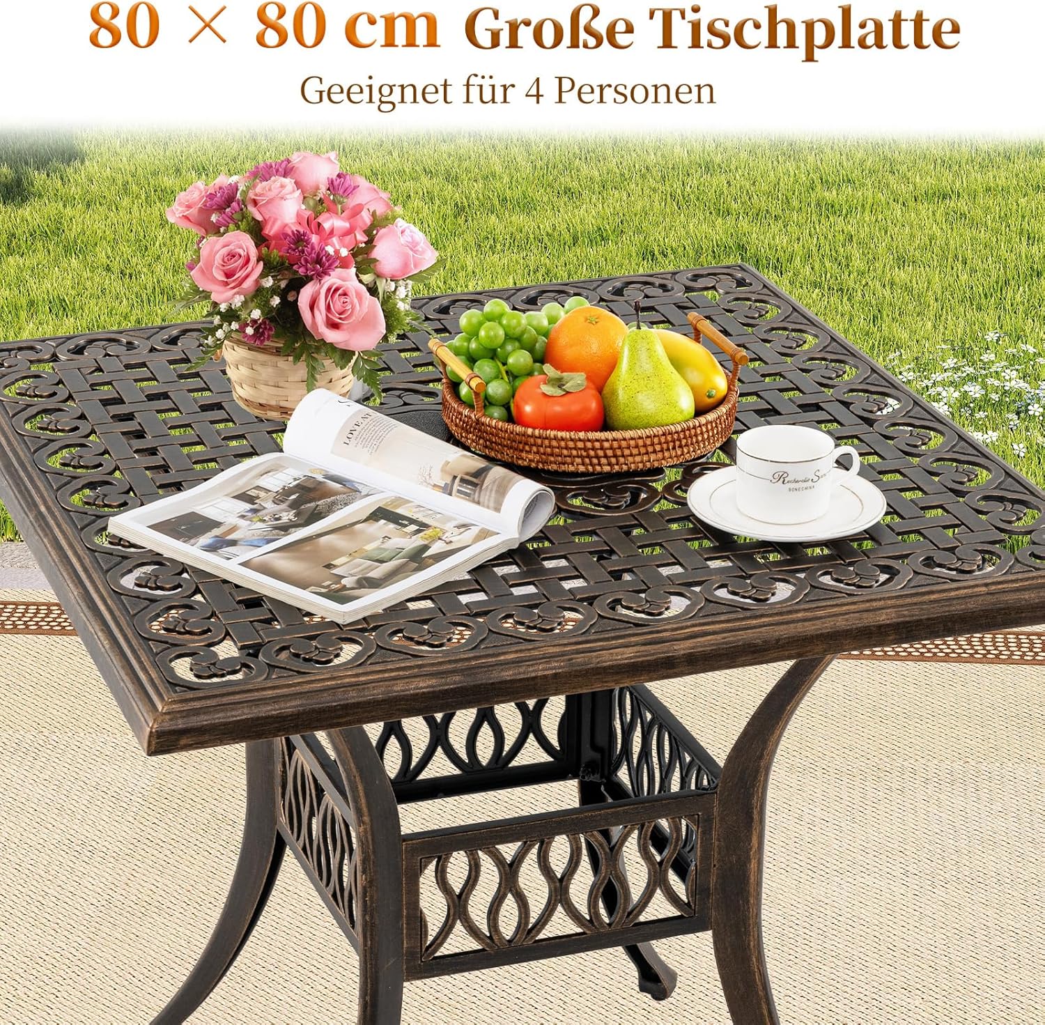 COSTWAY Gartentisch mit Schirmloch, 80x80x75cm, quadratischer Balkontisch aus Aluminiumguss, wetterfester Terrassentisch für 4 Personen, Outdoor-Esstisch für Garten