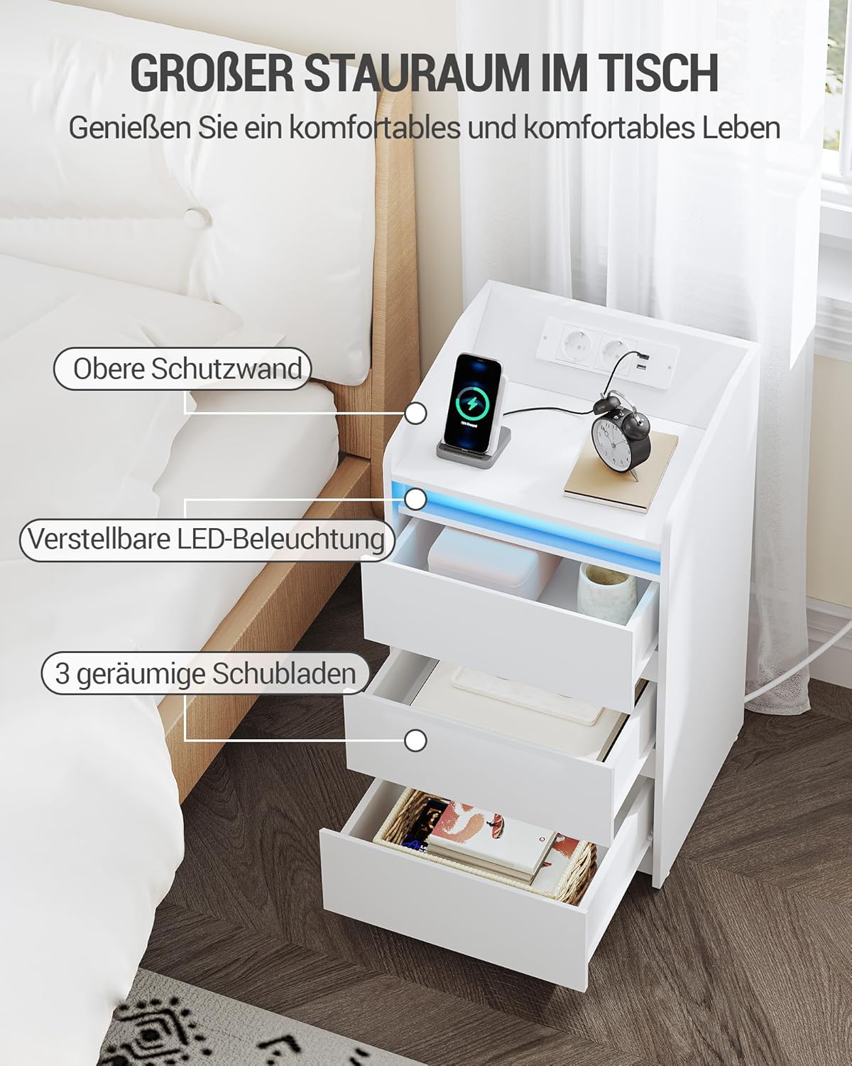 Hzuaneri Nachttisch 2er Set mit 3 Schubladen, Beistelltisch mit Ladestation und LED, 2 AC-Steckdosenund 2 USB-Anschlüsse für Schlafzimmer, Wohnzimmer, Weiß NS40103X