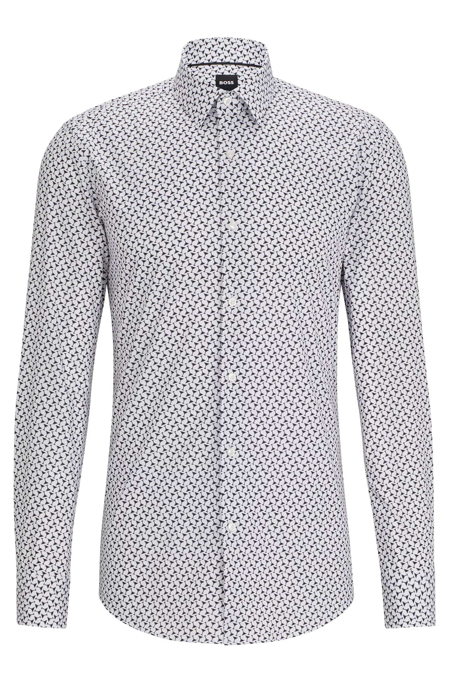 Camisa BOSS preta de corte slim em algodão elástico estampado.