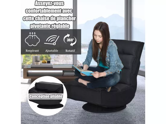 Chaise de Sol Pliable et Réglable en 5 Positions, Chaise Pivotante et Convertible Rembourrée Confortable, Fauteuil Salon Relax Sol Idéale pour Lire, Regarder la Télévision ou Jouer (Noir)