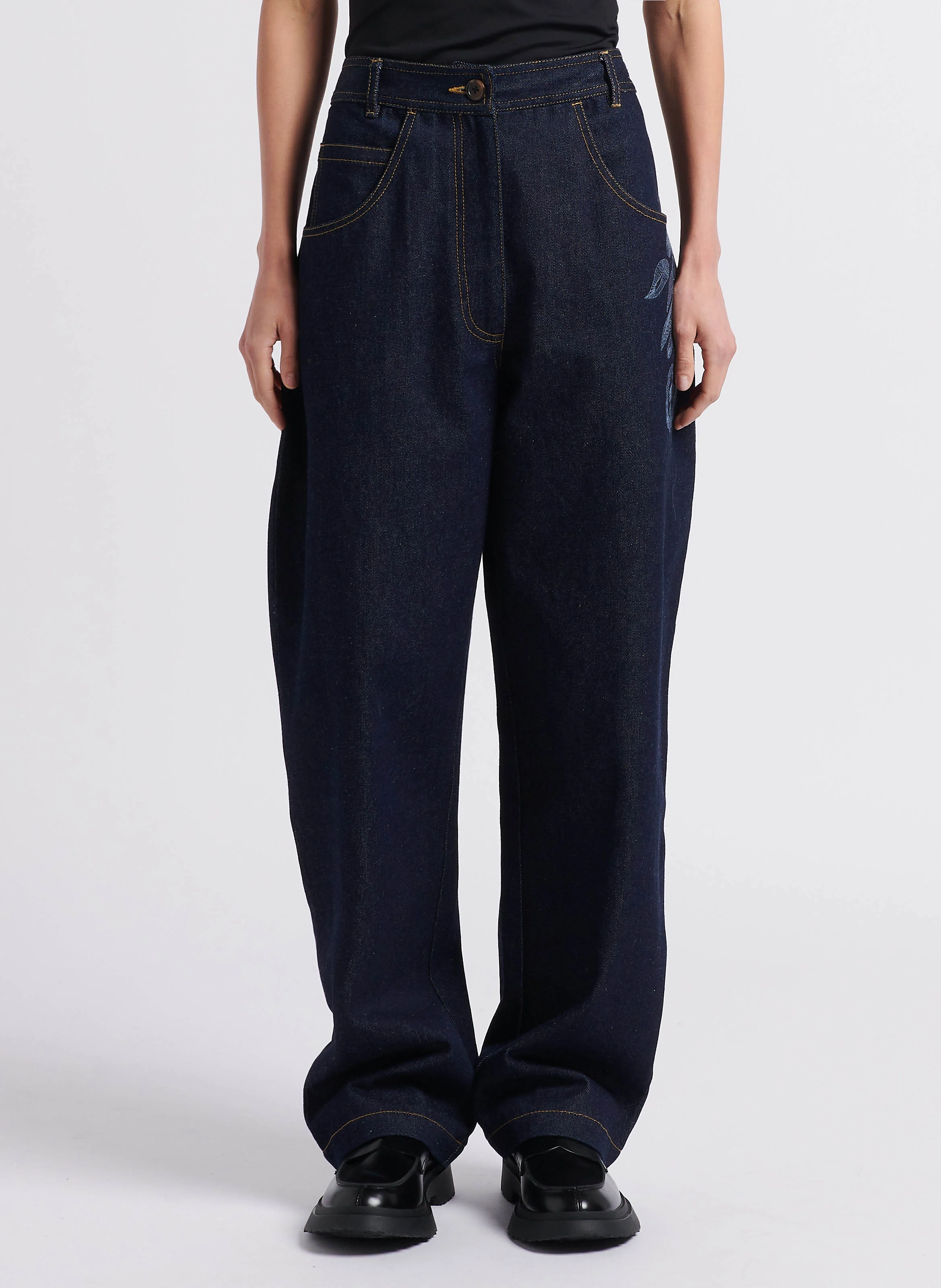 EGLANTINE - Jean large taille haute en coton | Bleu