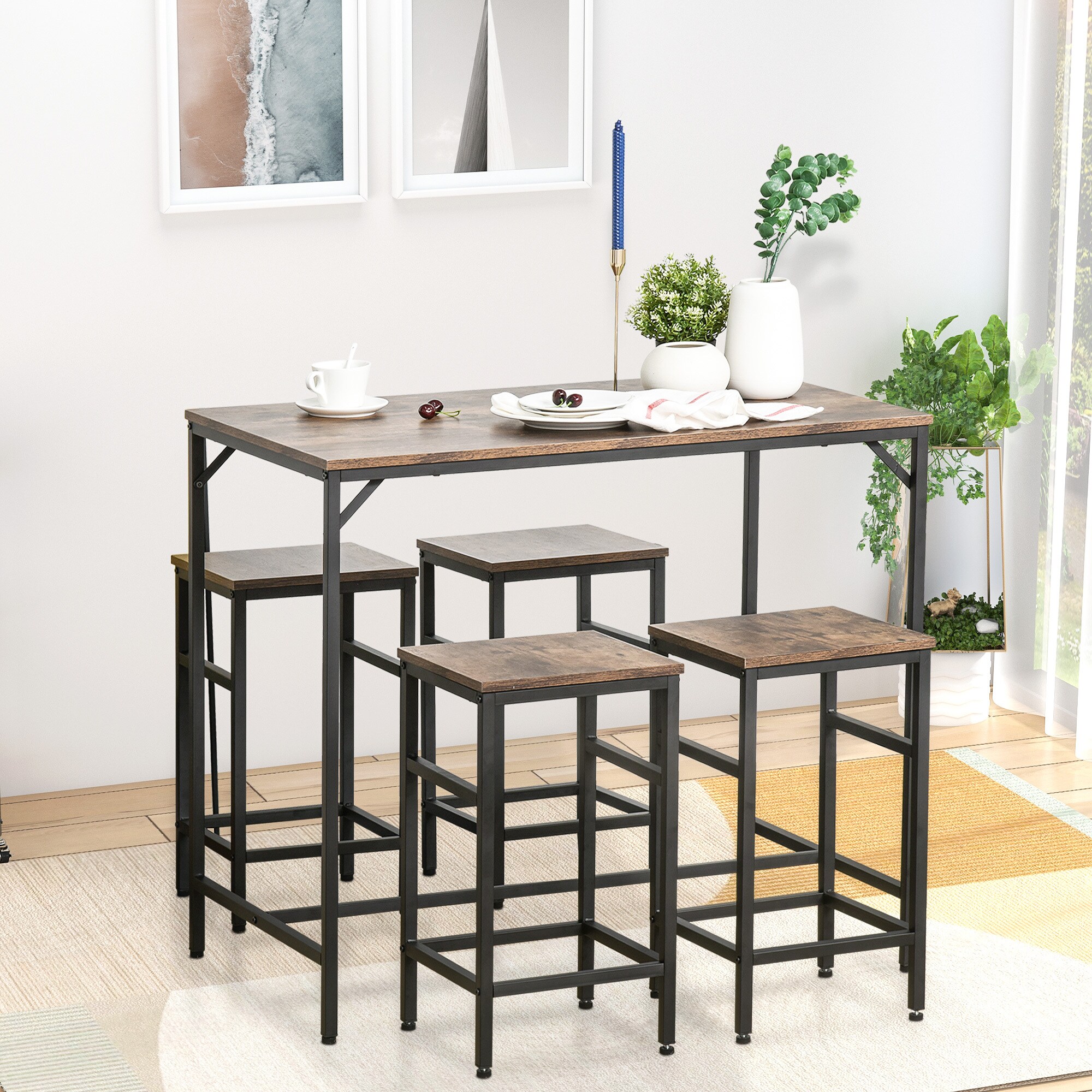 HOMCOM Bartisch-Set mit 4 Barhockern 100 x 60 x 88 (BxTxH)