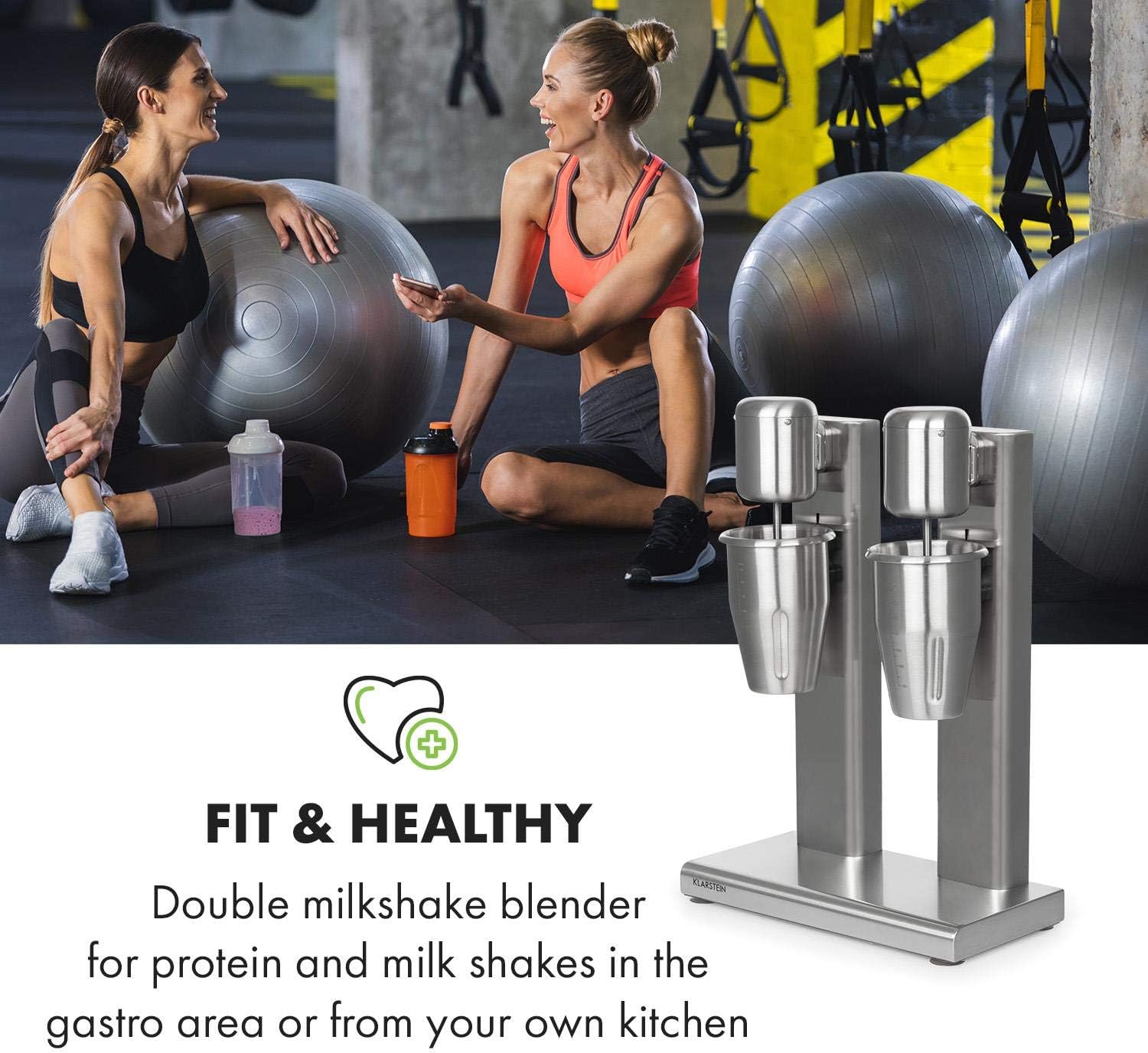 Klarstein Kraftpaket II Pro Doppel Drink Mixer, 160 Watt, 2 x 1 L, 2 Stufen, 20000 U/min, 2 Mixbecher aus Edelstahl, Milk- & Proteinshake, Doppel-Getränkemixer, Cocktail, Bar Mixer, Gastro, silber