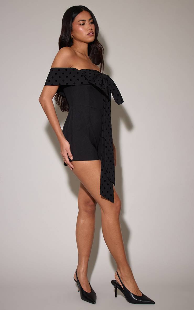 Noir Combi-short Tissée Avec Nœud En Velours Contrasté