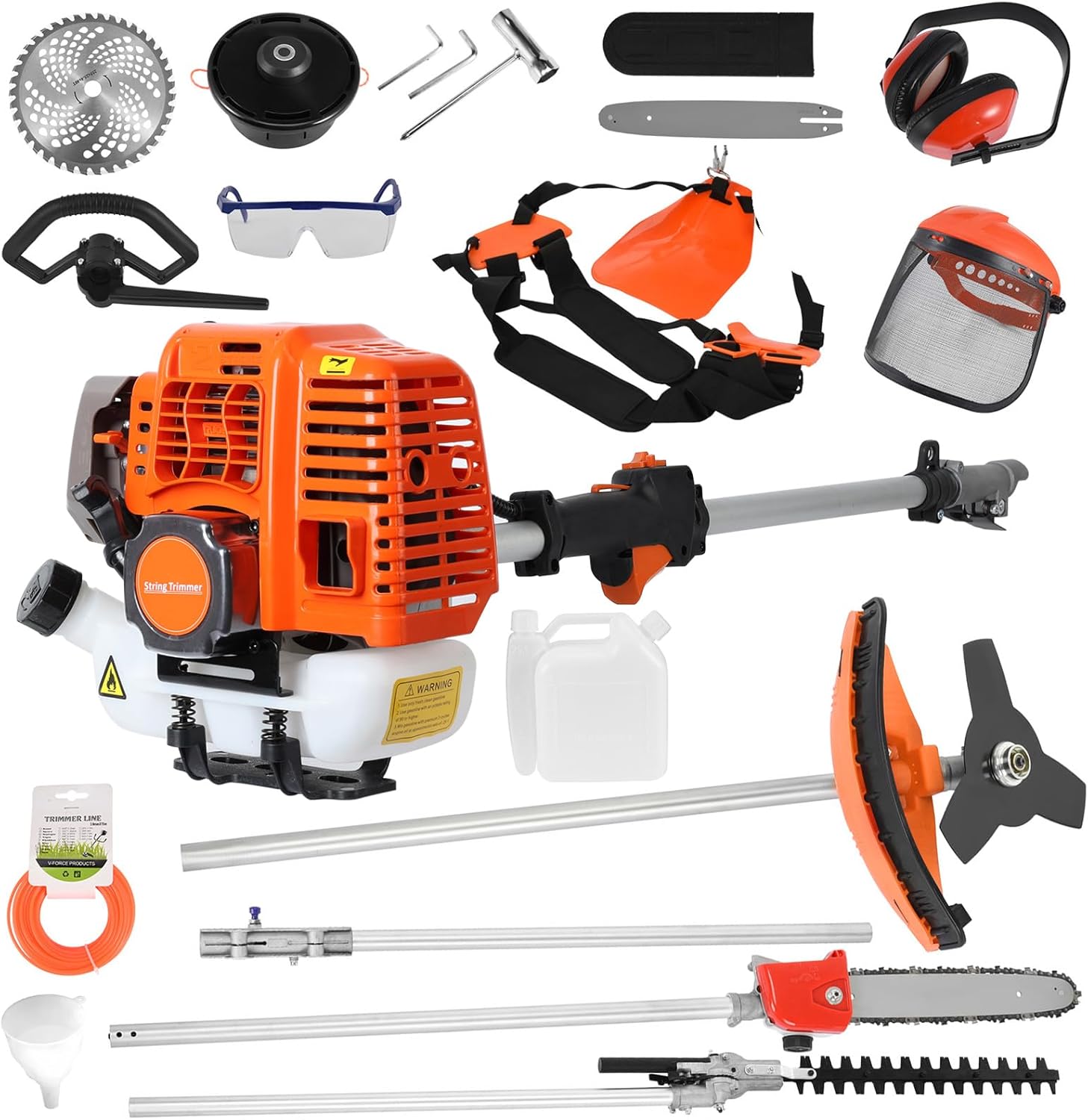 5 in 1 Rasenmäher 52CC Gas Unkrautschneider Akku-Heckenschere 2-Takt Freischneider Handheld Kettensäge Heckenschere Benzin Heckenschere Kettensäge Motorsense (Orange)