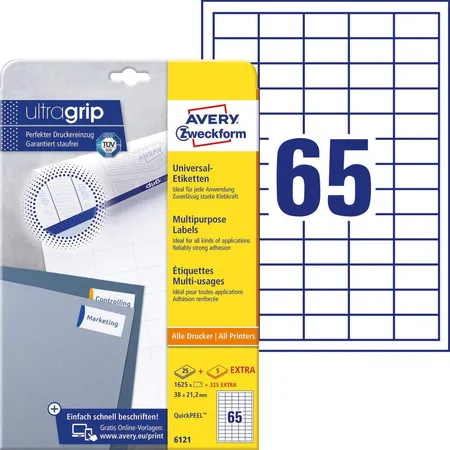Avery Zweckform 6121 Universal-Etiketten,A4 mit ultragrip,38 x 21,2 mm, 30 Bogen/1.950 Etiketten, weiß