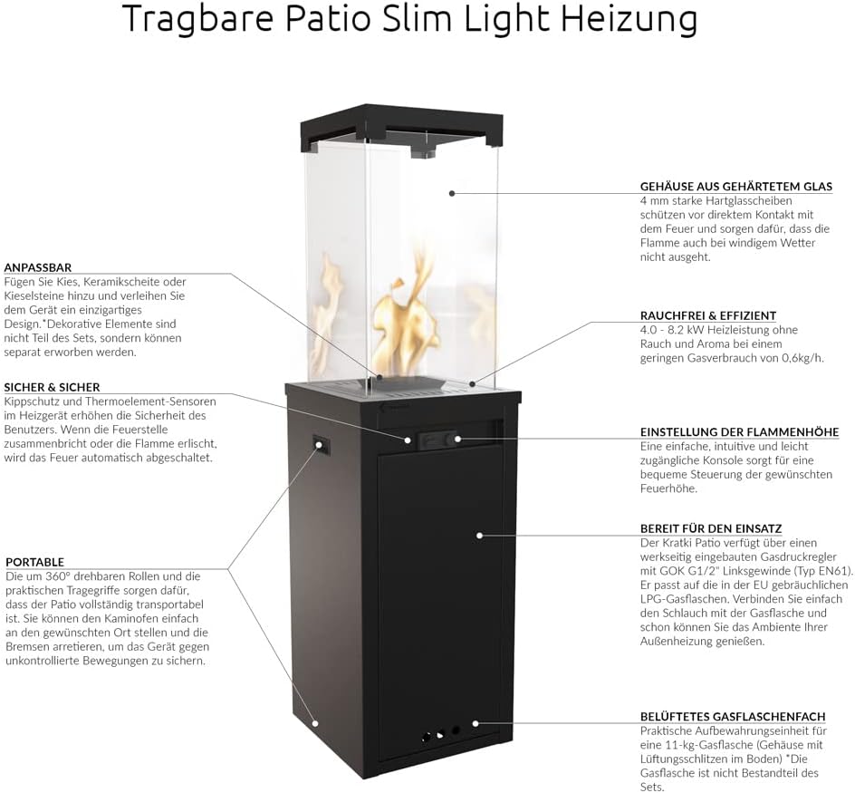 Kratki Patio Light Gas Terrassenheizer-Feuerstelle-Gaskamin-Aussenkamin -Terrassenkamin-Balkon-Gartenkamin-Gas-Gartenheizer auf Rädern- 8,2kW G30/50mbar Schwarz