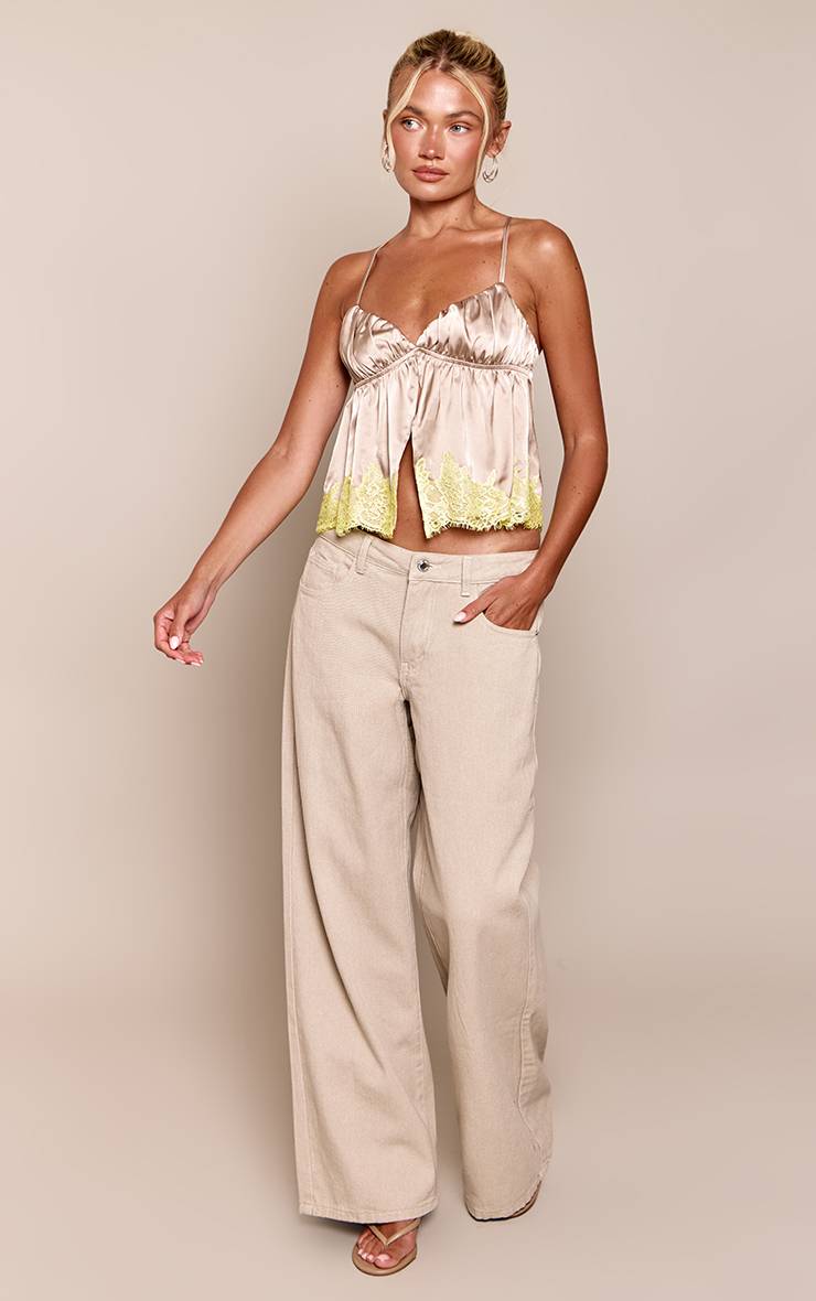 Beige Caraco Satiné À Ourlet Fendu En Dentelle Flottant