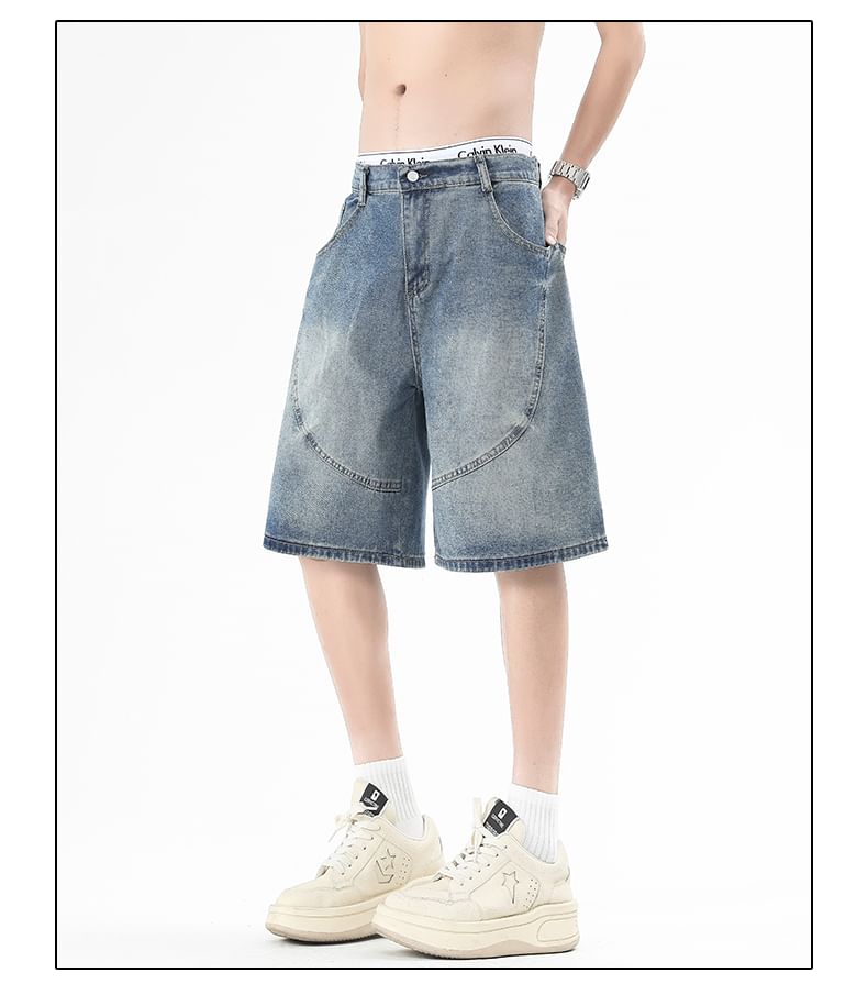 AXEN - Mid Rise Washed Panel Denim Jorts