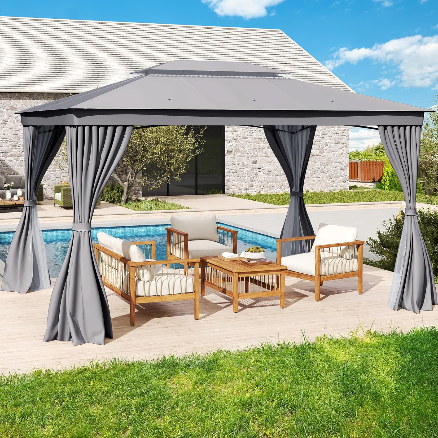 COSTWAY Pavillon 3 x 4 m, Gartenpavillon mit Moskitonetz & Vorhang & Doppeldach, Pavillonzelt Wasserdicht, Winterfest Sonnenschutz Gartenzelt, Terassenpavillon für Terrasse, Garten, Rasen