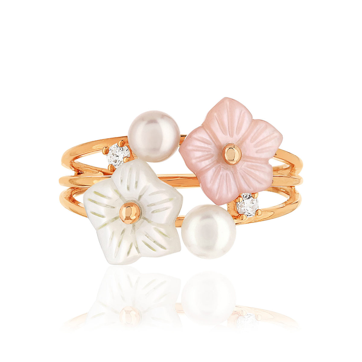 Bague or 375 rose fleurs nacres perles et topazes blanches