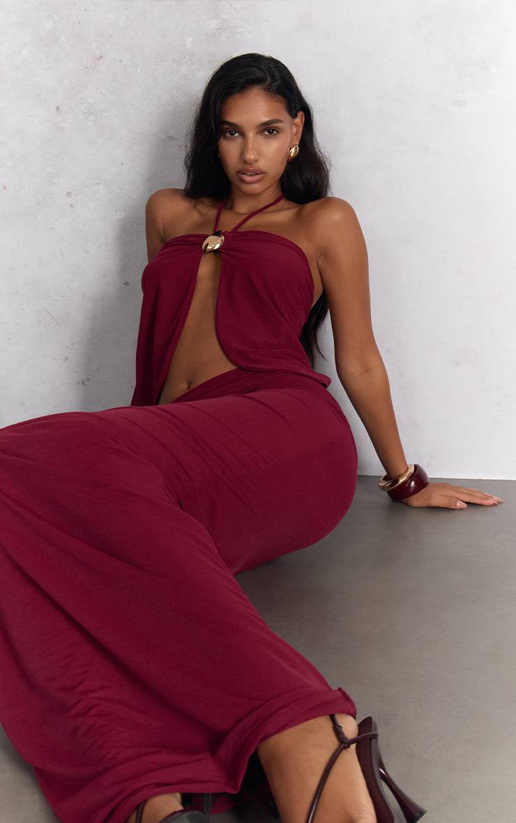 Rouge Bordeaux Haut Rouge Profond En Mousseline Col Licou Bordure Dorée