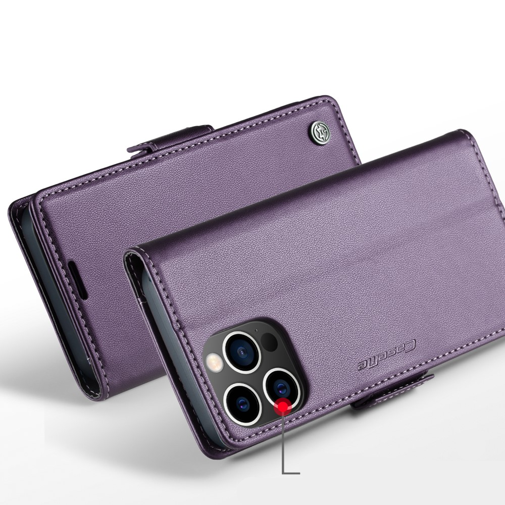 iPhone 14 Pro Max Leder Tasche Flip Wallet Etui mit Kartenfächern Litchi Look (RFID Schutz) - Violett