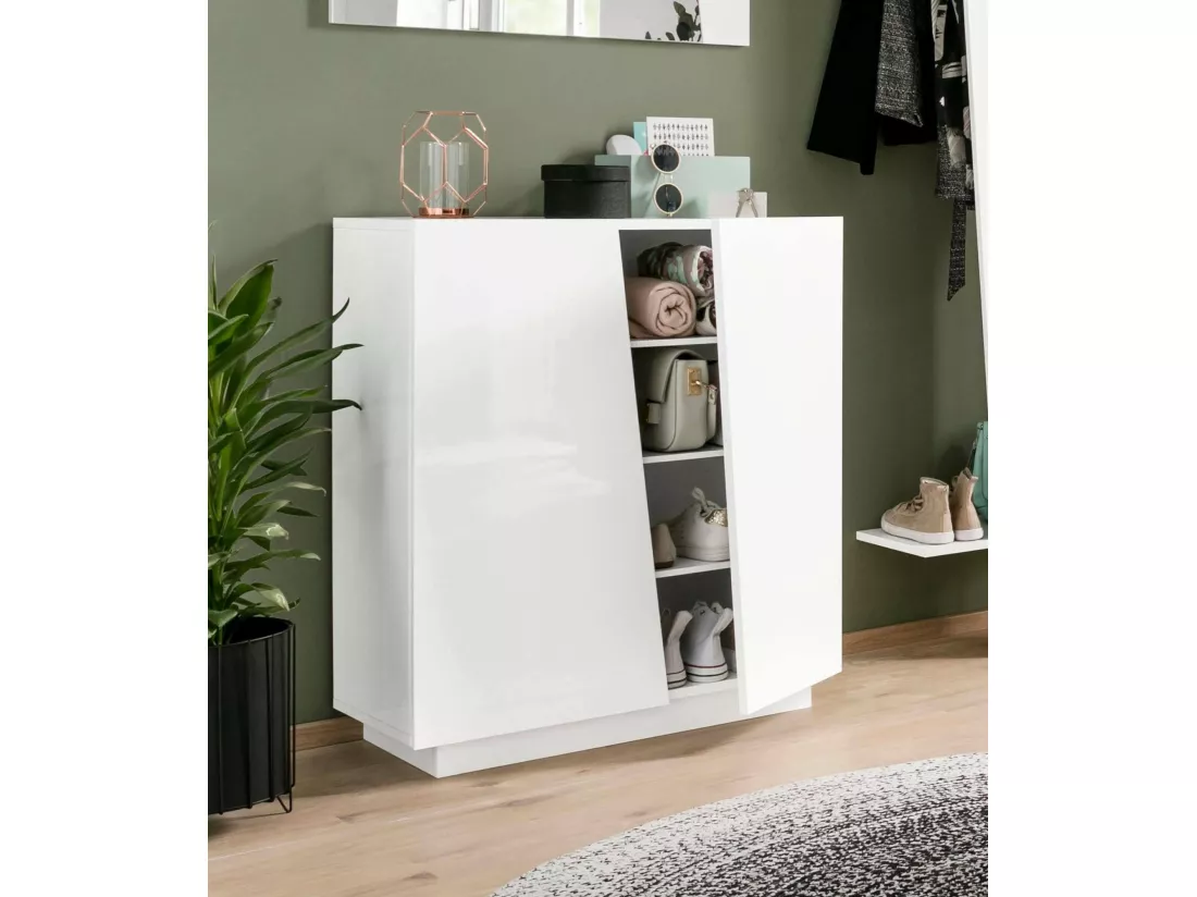 Étagère à chaussures Dfogl, Armoire polyvalente avec 2 portes, Étagère à chaussures d'entrée, 100% Made in Italy, 80x38h86 cm, Blanc brillant