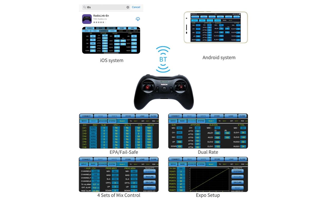Fernsteuerung T8S-BT 2.4 GHz, 8 Kanal, mit Empfänger<br>Kompakter 8-Kanal Sender für Flugmodelle