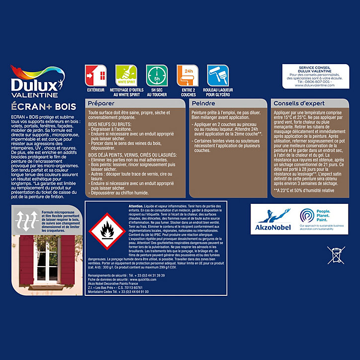 Peinture extérieure Ecran+ bois Dulux Valentine satin rouge basque 2L