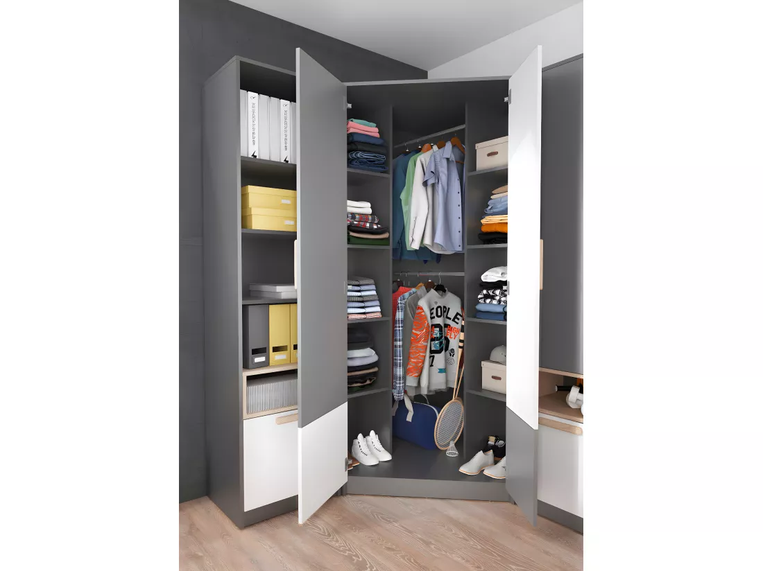 Armoire d'angle Veravie 102, Blanc|Gris clair|Graphite, 193x95x95cm, Nombre d'étagères: 8