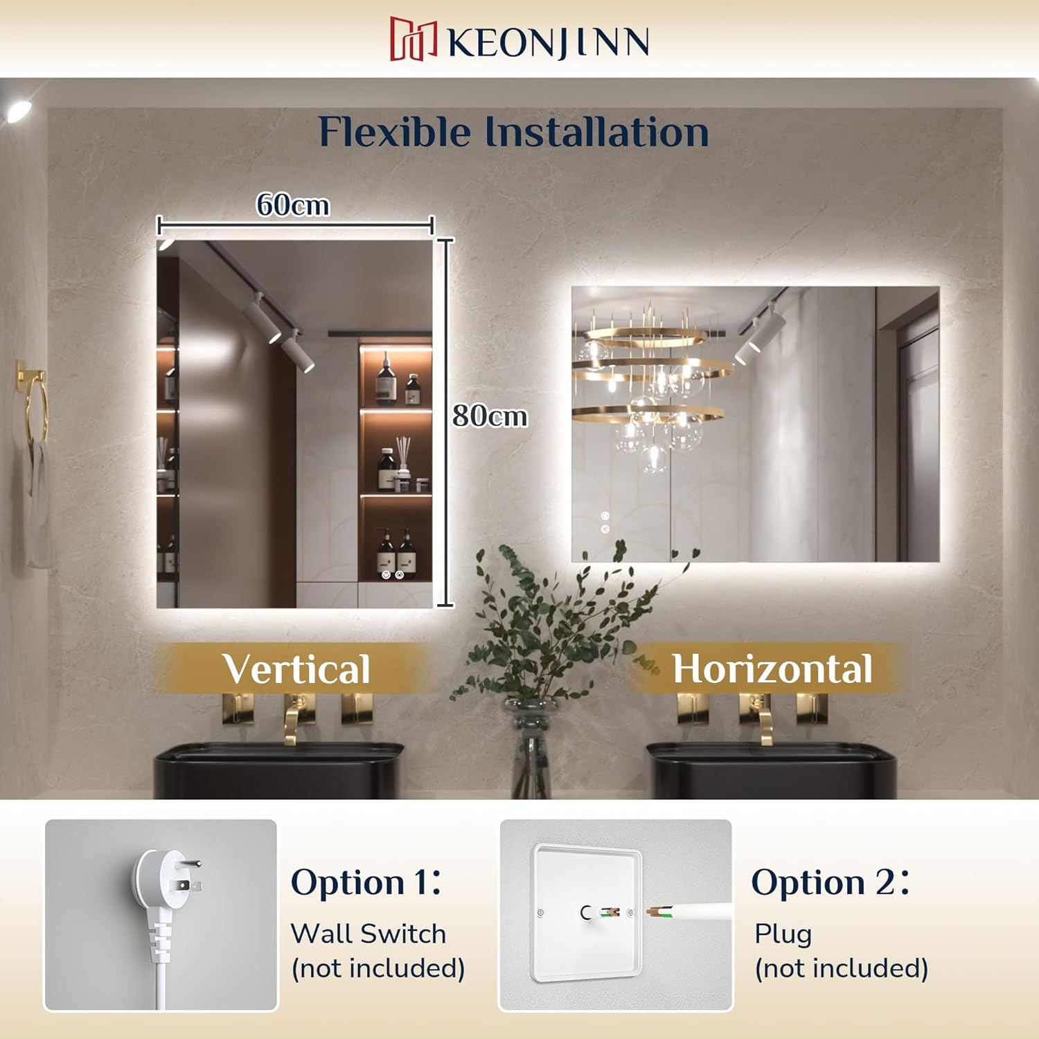Keonjinn Badspiegel mit Beleuchtung Rechteckig 60x80cm, Badezimmerspiegel mit Beschlagfrei Touch Schalter Speicherfunktion 3 Lichtfarben Dimmbarer LED Bad Spiegel Ohne Rahmen Badezimmer Wandspiegel