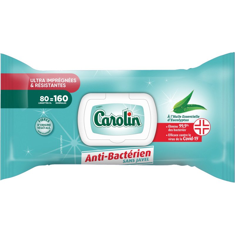 Lingettes nettoyantes extra-larges Carolin anti-bactérien - Eucalyptus - Paquet de 80