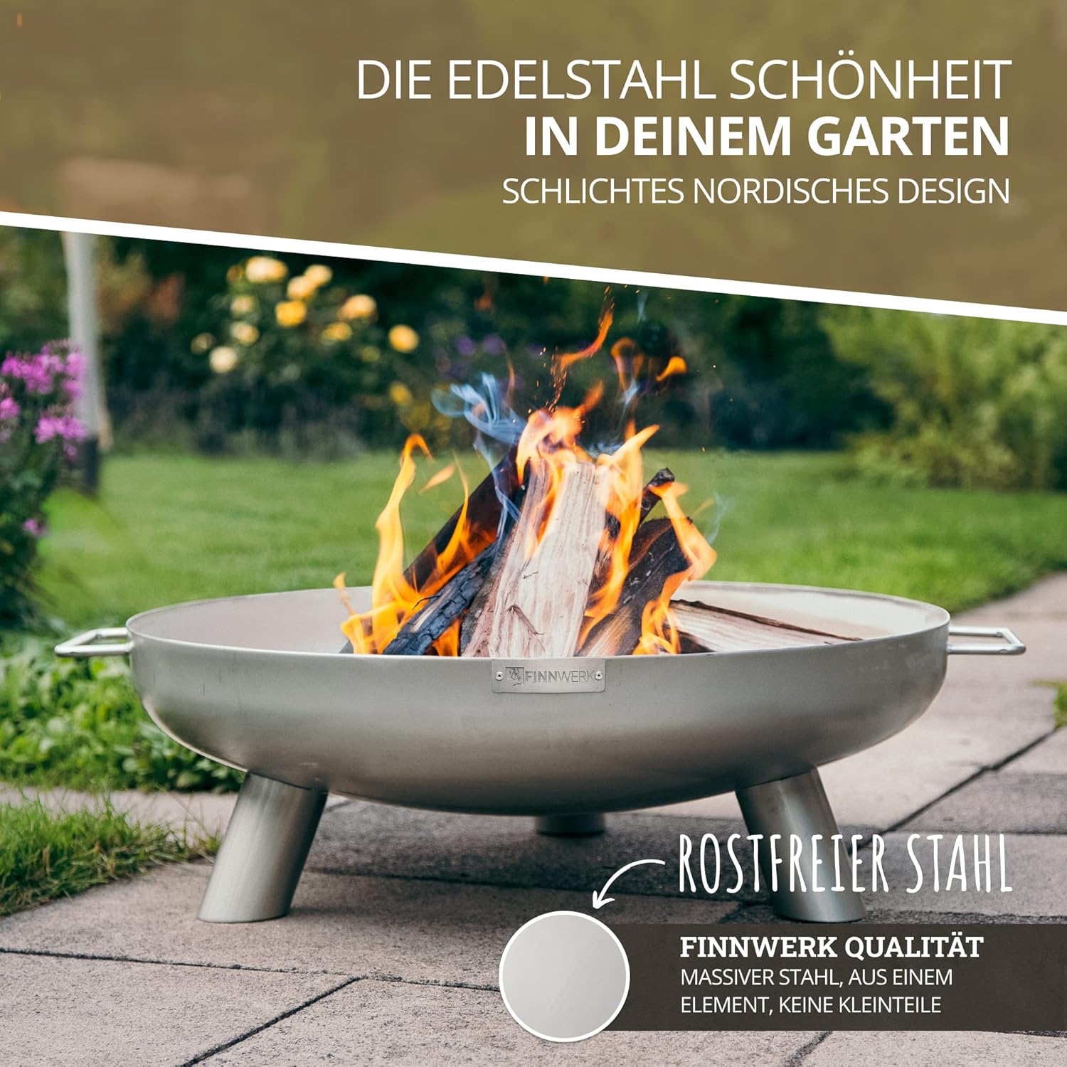 Finnwerk HARRI Feuerschale aus Edelstahl 80 cm - Exklusive Feuerstelle im matten Finish - Große Feuerschalen für den Garten - Rostfrei, Schlicht und Schick - Feuerschalen Deckel separat erhältlich