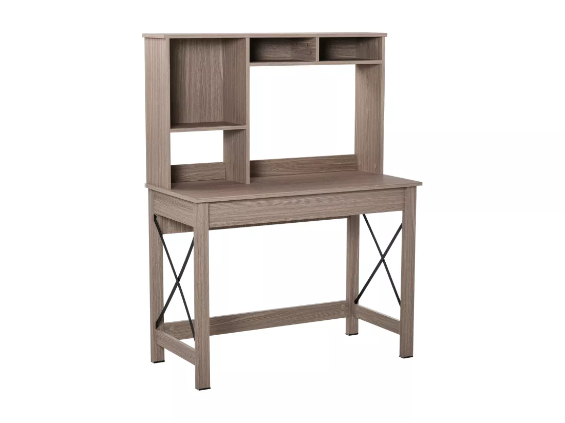 Bureau bibliothèque 2 en 1 - 3 niches 4 espaces de rangement - panneaux particules aspect bois marron clair métal noir