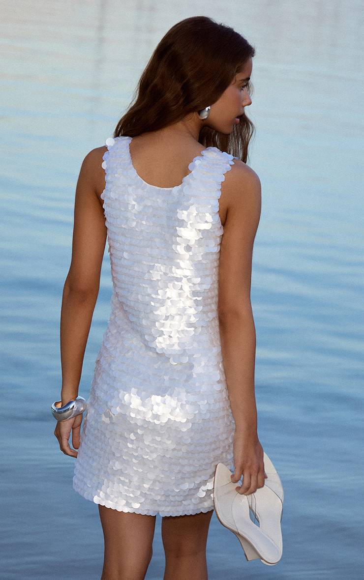 Crème Robe Mini À Col Rond Ornée De Sequins