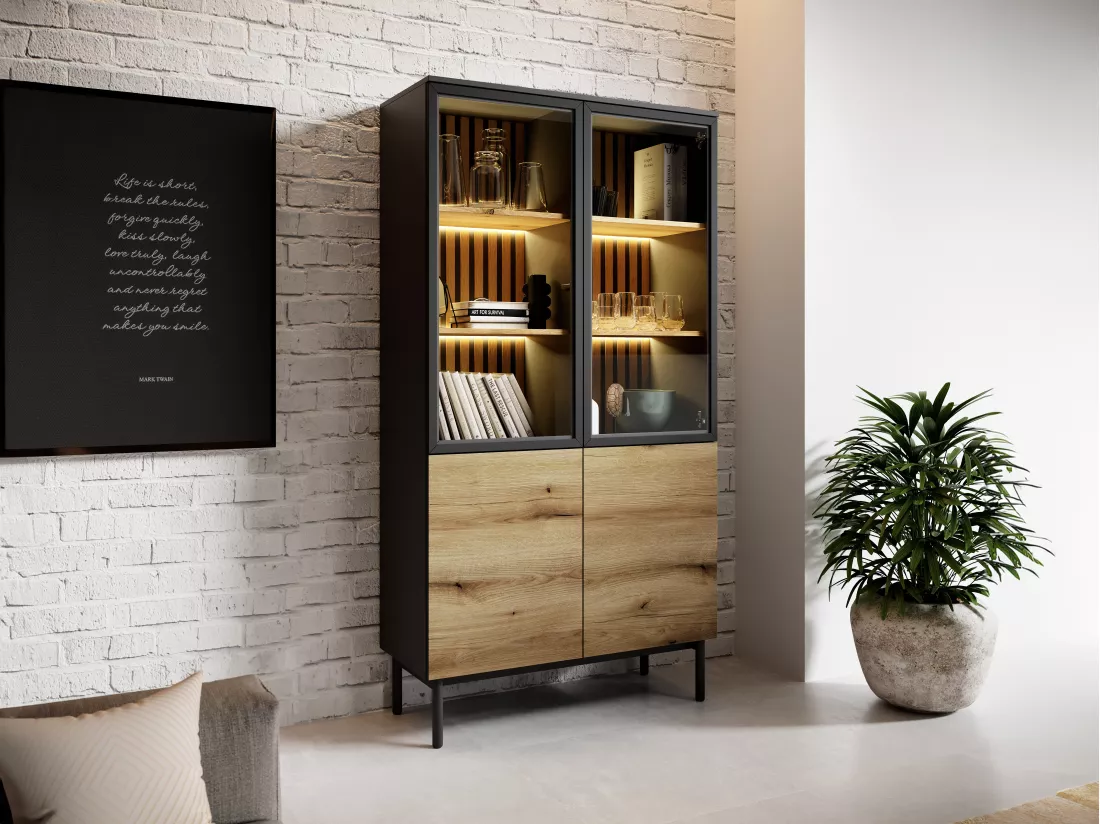 Vitrine 4 portes avec LEDs - Naturel et noir - LABENIA
